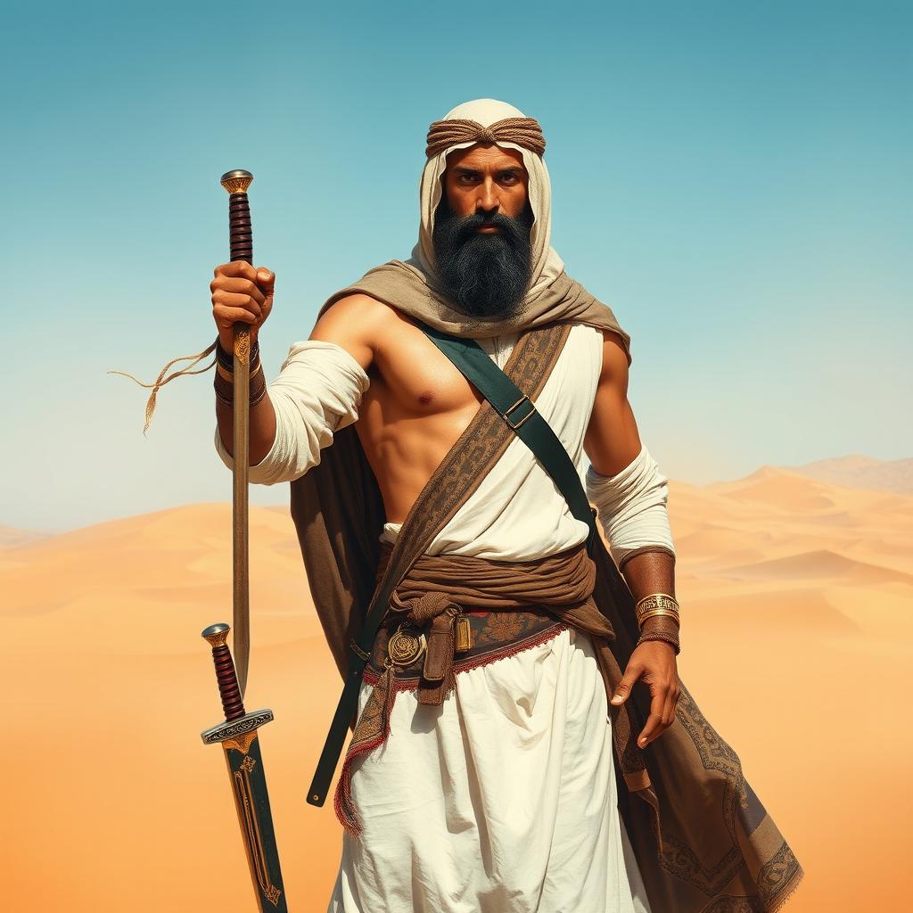 A depiction of a brave Arab warrior from the pre-Islamic era, wearing traditional attire such as a flowing white thobe, a dark-colored agal, and a lightweight, intricately patterned cloak