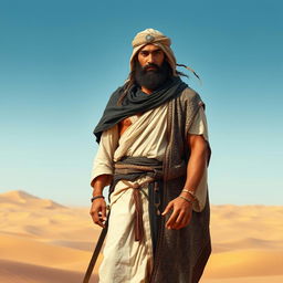 A depiction of a brave Arab warrior from the pre-Islamic era, wearing traditional attire such as a flowing white thobe, a dark-colored agal, and a lightweight, intricately patterned cloak