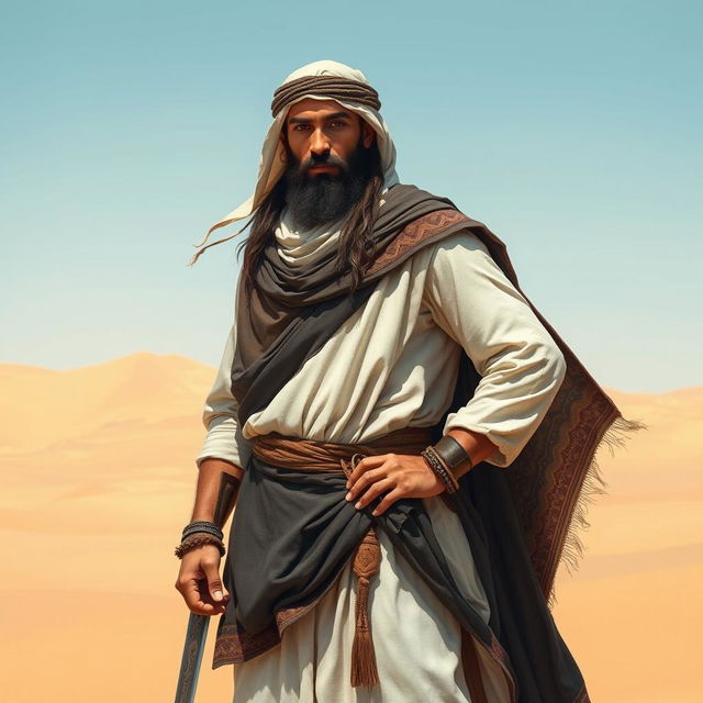 A depiction of a brave Arab warrior from the pre-Islamic era, wearing traditional attire such as a flowing white thobe, a dark-colored agal, and a lightweight, intricately patterned cloak