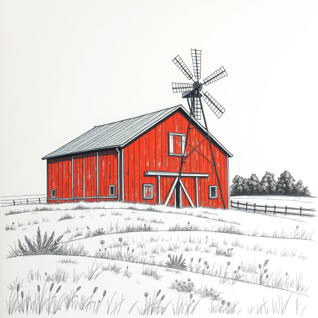 A highly detailed and realistic drawing sketch featuring a classic red barn with weathered wooden panels nestled in a picturesque rural landscape
