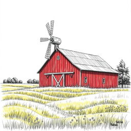 A highly detailed and realistic drawing sketch featuring a classic red barn with weathered wooden panels nestled in a picturesque rural landscape