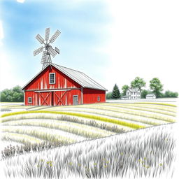 A highly detailed and realistic drawing sketch featuring a classic red barn with weathered wooden panels nestled in a picturesque rural landscape