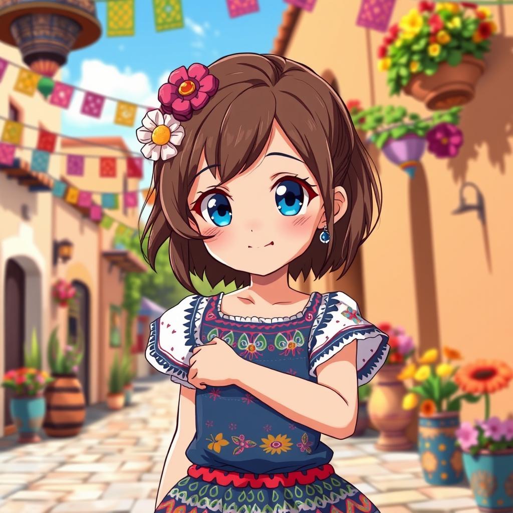 A vibrant anime-style illustration of a young girl with bright blue eyes and coffee brown hair, enjoying her time in a colorful Mexican setting