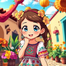 A vibrant anime-style illustration of a young girl with bright blue eyes and coffee brown hair, enjoying her time in a colorful Mexican setting