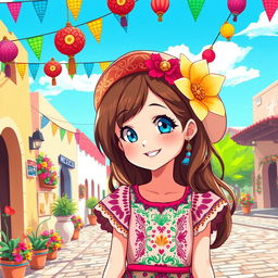 A vibrant anime-style illustration of a young girl with bright blue eyes and coffee brown hair, enjoying her time in a colorful Mexican setting