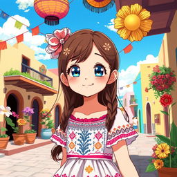 A vibrant anime-style illustration of a young girl with bright blue eyes and coffee brown hair, enjoying her time in a colorful Mexican setting