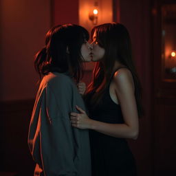 A realistic and intimate scene featuring two girls kissing in a dark romantic aesthetic