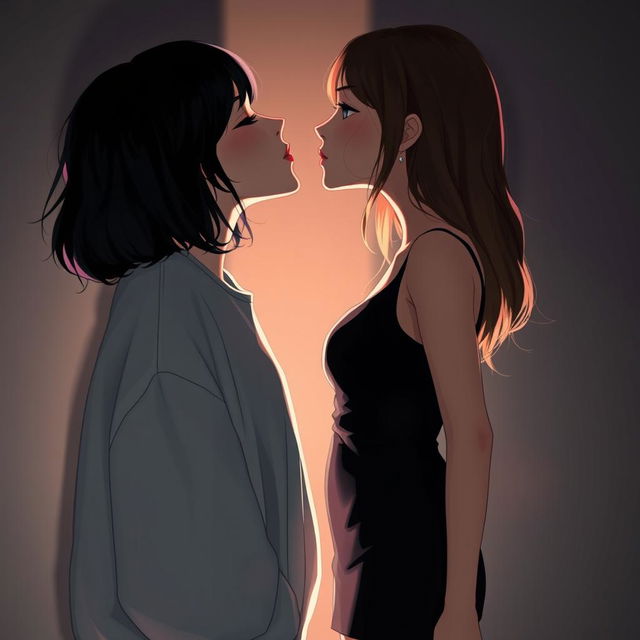 A realistic and intimate scene featuring two girls kissing in a dark romantic aesthetic