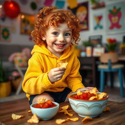 A vibrant scene featuring a young redhead girl with curly hair, wearing a bright yellow hoodie and black shorts