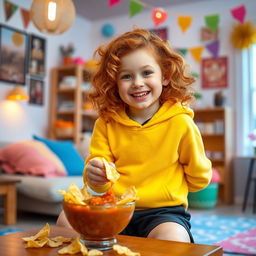 A vibrant scene featuring a young redhead girl with curly hair, wearing a bright yellow hoodie and black shorts