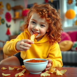 A vibrant scene featuring a young redhead girl with curly hair, wearing a bright yellow hoodie and black shorts