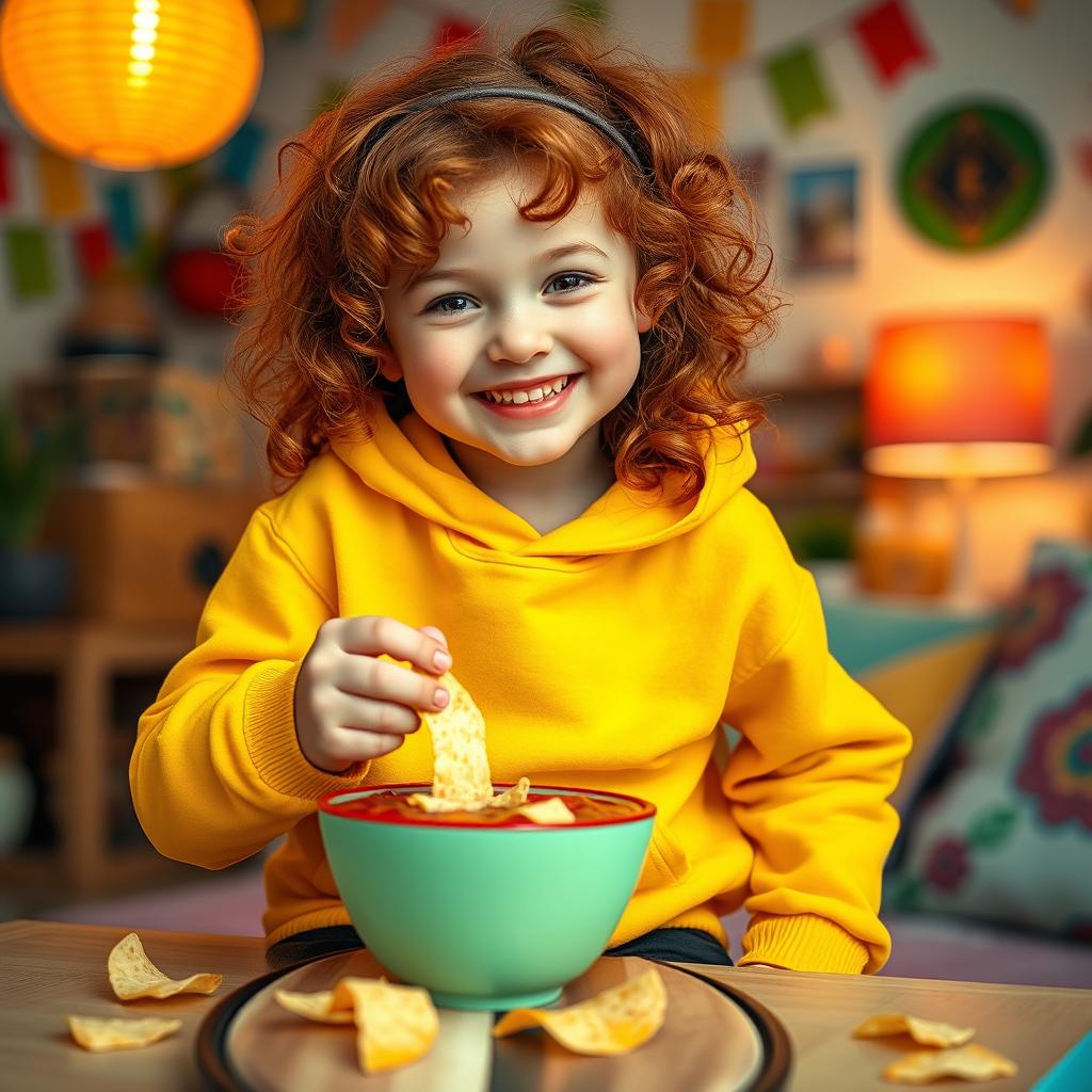 A vibrant scene featuring a young redhead girl with curly hair, wearing a bright yellow hoodie and black shorts