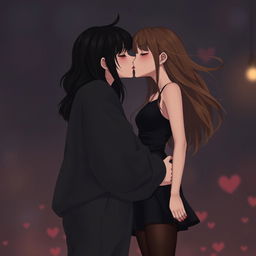 A realistic depiction of two girls sharing a kiss in a dark romantic aesthetic
