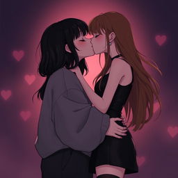 A realistic depiction of two girls sharing a kiss in a dark romantic aesthetic