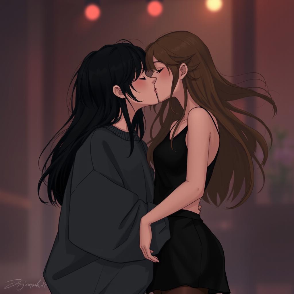 A realistic depiction of two girls sharing a kiss in a dark romantic aesthetic