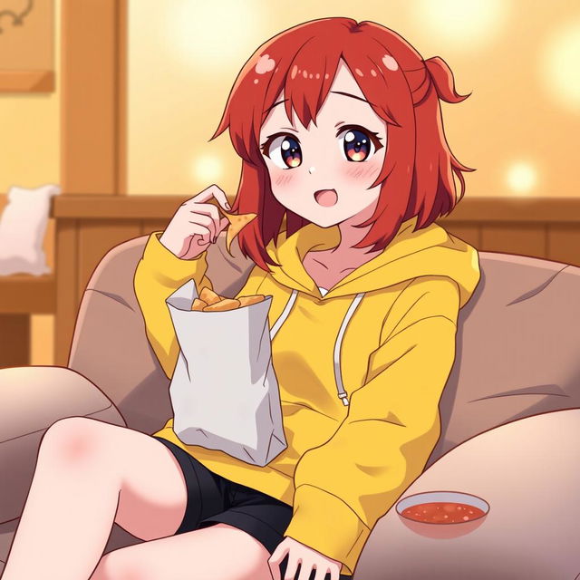 An anime-style illustration of a redhead girl wearing a bright yellow hoodie and black shorts, sitting comfortably while enjoying a bag of chips with salsa