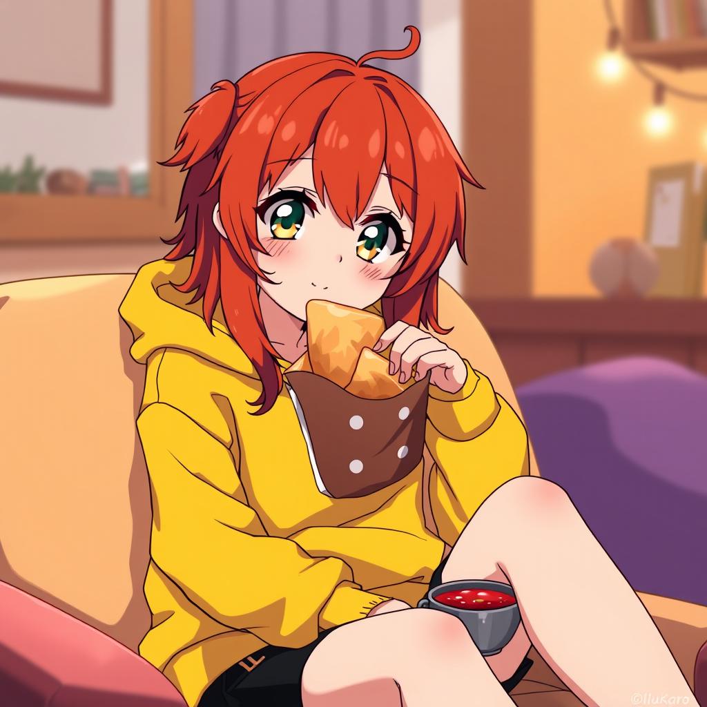 An anime-style illustration of a redhead girl wearing a bright yellow hoodie and black shorts, sitting comfortably while enjoying a bag of chips with salsa
