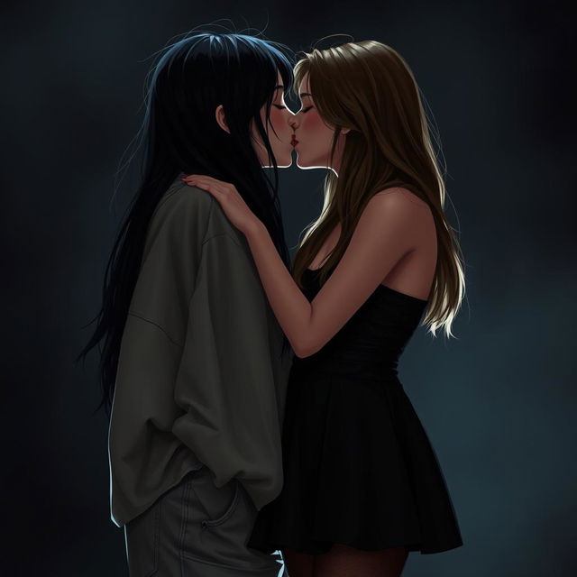 A realistic portrayal of two girls kissing in a dark romantic setting