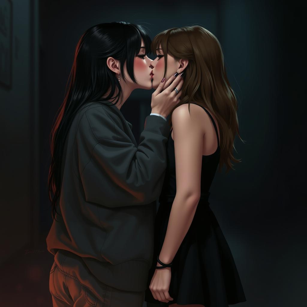 A realistic portrayal of two girls kissing in a dark romantic setting