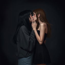 A realistic portrayal of two girls kissing in a dark romantic setting