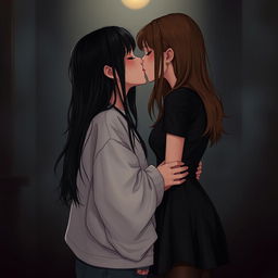 A realistic portrayal of two girls kissing in a dark romantic setting