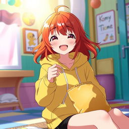 A vibrant anime scene featuring a redhead girl with bright, flowing hair, wearing a cozy yellow hoodie and stylish black shorts