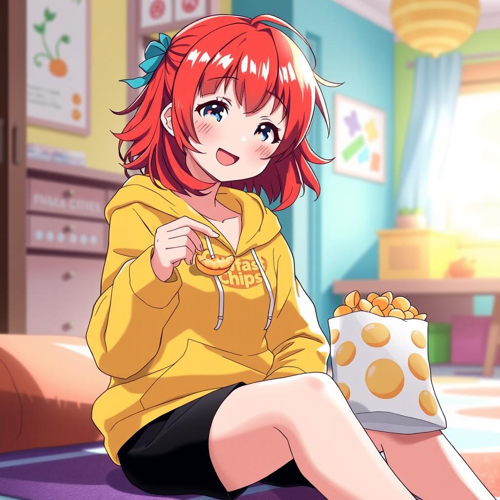 A vibrant anime scene featuring a redhead girl with bright, flowing hair, wearing a cozy yellow hoodie and stylish black shorts
