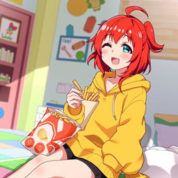 A vibrant anime scene featuring a redhead girl with bright, flowing hair, wearing a cozy yellow hoodie and stylish black shorts