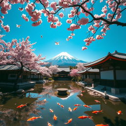 A breathtaking panoramic view of a traditional Japanese landscape featuring iconic elements such as cherry blossoms in full bloom, majestic Mount Fuji in the background, serene koi ponds, and classic wooden pagodas