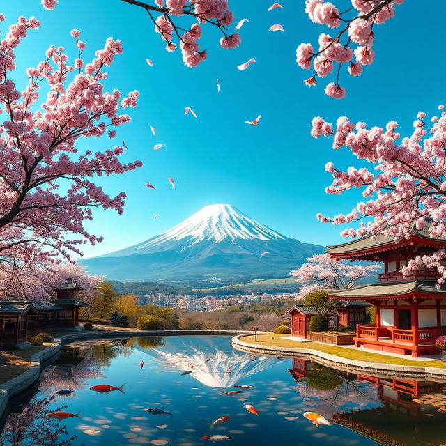 A breathtaking panoramic view of a traditional Japanese landscape featuring iconic elements such as cherry blossoms in full bloom, majestic Mount Fuji in the background, serene koi ponds, and classic wooden pagodas