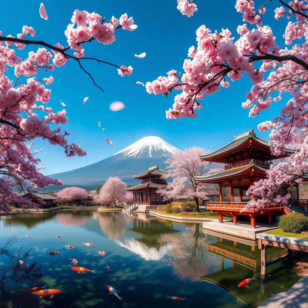 A breathtaking panoramic view of a traditional Japanese landscape featuring iconic elements such as cherry blossoms in full bloom, majestic Mount Fuji in the background, serene koi ponds, and classic wooden pagodas