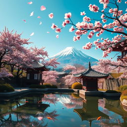 A breathtaking panoramic view of a traditional Japanese landscape featuring iconic elements such as cherry blossoms in full bloom, majestic Mount Fuji in the background, serene koi ponds, and classic wooden pagodas