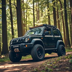 A black modified Suzuki Ignis off-road vehicle driving through a dense forest