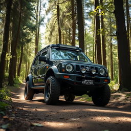 A black modified Suzuki Ignis off-road vehicle driving through a dense forest