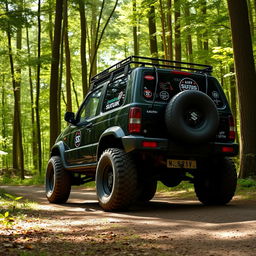 A black modified Suzuki Ignis off-road vehicle driving through a dense forest