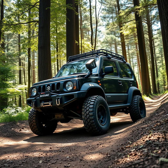 A black modified Suzuki Ignis off-road vehicle driving through a dense forest