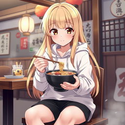 A beautiful anime girl with long, flowing blonde hair styled with distinct Chinese-inspired bangs, captivating brown eyes that shine with excitement