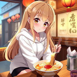 A beautiful anime girl with long, flowing blonde hair styled with distinct Chinese-inspired bangs, captivating brown eyes that shine with excitement