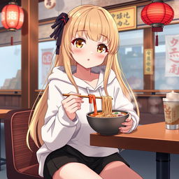 A beautiful anime girl with long, flowing blonde hair styled with distinct Chinese-inspired bangs, captivating brown eyes that shine with excitement