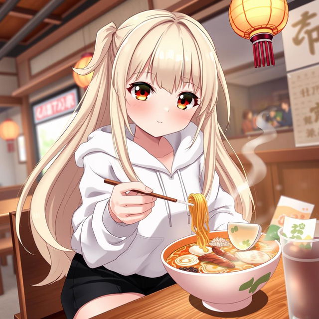 A beautiful anime girl with long, flowing blonde hair styled with distinct Chinese-inspired bangs, captivating brown eyes that shine with excitement