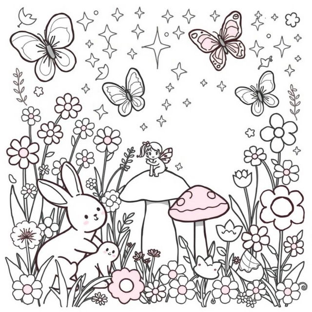 A delightful and playful coloring page designed for young girls, featuring a whimsical garden scene