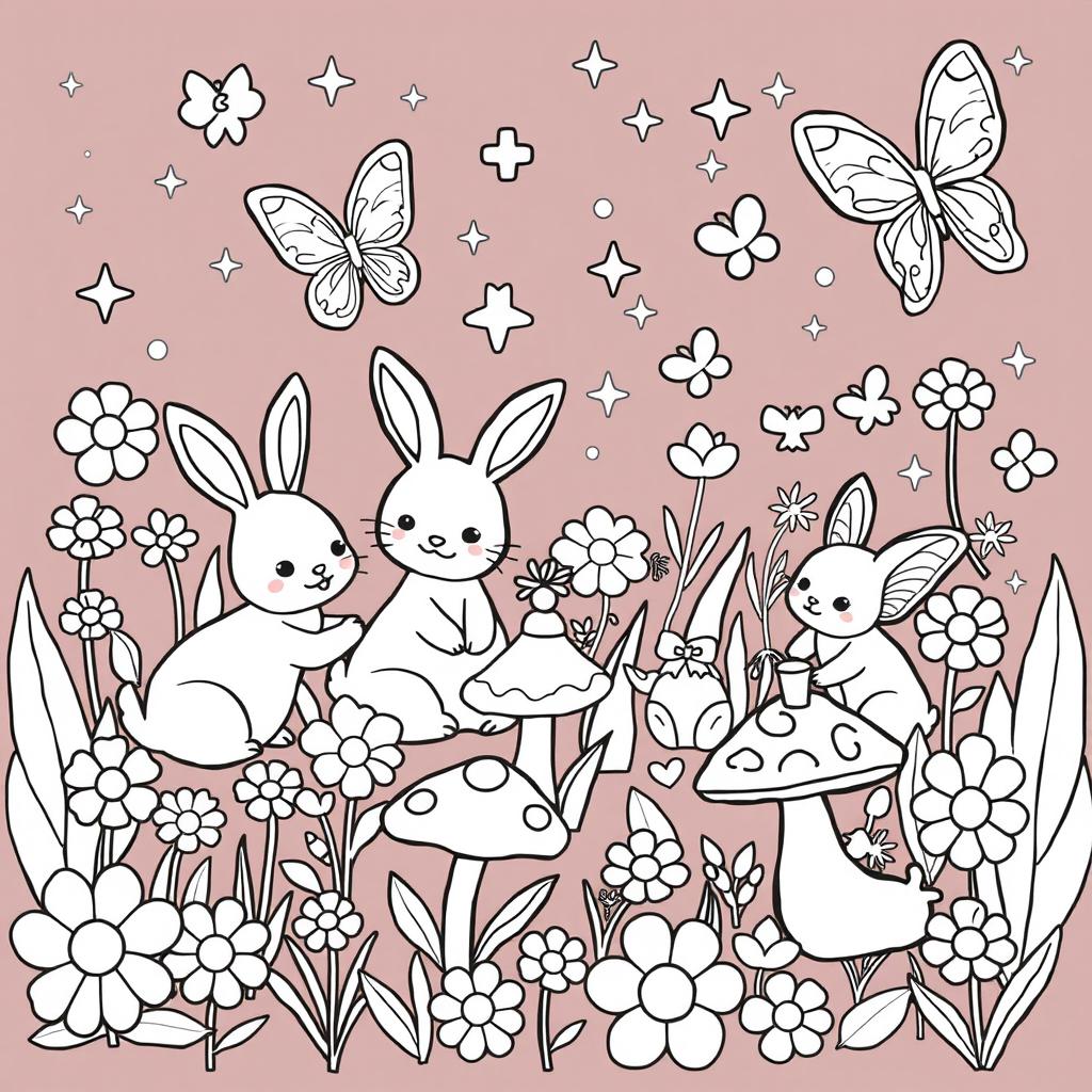 A delightful and playful coloring page designed for young girls, featuring a whimsical garden scene