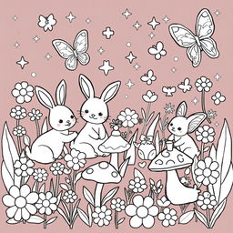 A delightful and playful coloring page designed for young girls, featuring a whimsical garden scene