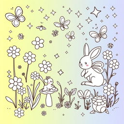 A delightful and playful coloring page designed for young girls, featuring a whimsical garden scene