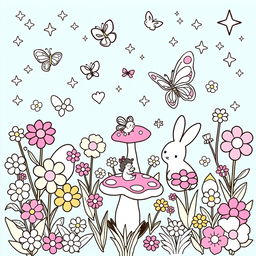 A delightful and playful coloring page designed for young girls, featuring a whimsical garden scene