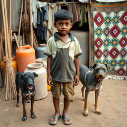 A detailed scene depicting a boy wearing a torn polo shirt and earthy flip-flops