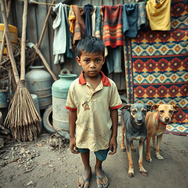 A detailed scene depicting a boy wearing a torn polo shirt and earthy flip-flops