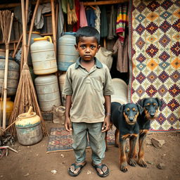 A detailed scene depicting a boy wearing a torn polo shirt and earthy flip-flops