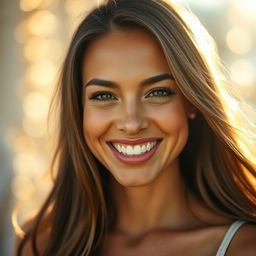 A close-up portrait of a beautiful woman smiling radiantly