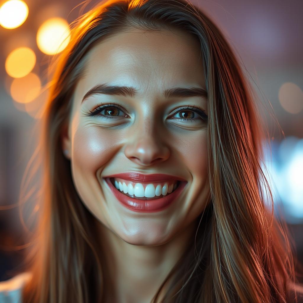 A close-up portrait of a beautiful woman smiling radiantly